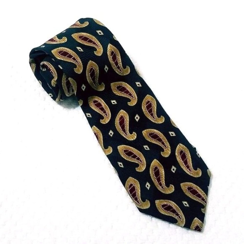 Mens GJ Cahn Green Maroon Paisley Print Silk Necktie